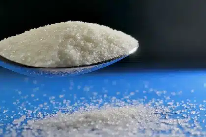Ciotola di sale grosso aperta su un ripiano del frigorifero tra alimenti freschi